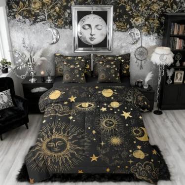 Imagem de Erosebridal Jogo de cama casal e edredom de sol e lua | Jogo de cama boêmio de 7 peças da série céu estrelado em uma bolsa, estampa dourada de rosto de sol, galáxia, planetas cósmicos, conjuntos de