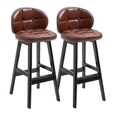 Imagem de Banquetas de bar Bistrô Conjunto de 2 Banquetas de Bar Altura Bancadas de Cozinha Cadeira de Bar para Sala de Jantar Pub Assento de Couro PU Madeira Pernas e Apoio para os Pés