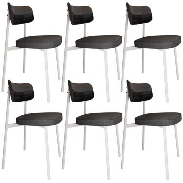 Imagem de Kit 06 Cadeiras Estofada Para Sala de Jantar Astrid Branco C01 Linho Preto Courino Preto - Lyam Decor