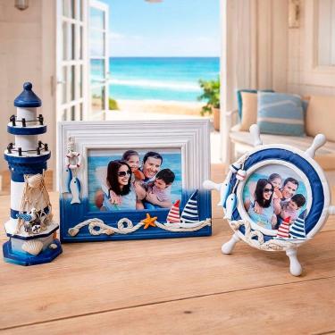 Imagem de Farol Com Porta Retratos Náutico Decoração Marítimo Kit 3pçs