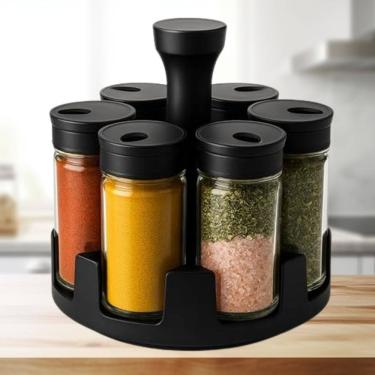 Imagem de Porta Temperos Giratório 360° com 6 Potes de Vidro Premium de Vidro 85ml - Tampa Dosadora Preta  Belovidro - PANAMI