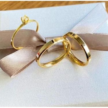 Imagem de Par De Aliança reta Casamento Noivado Banhada Ouro 18k Chanfrada Fina 
