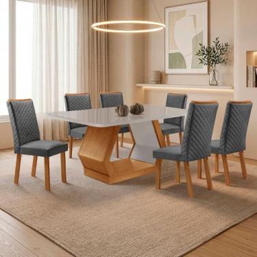 Imagem de Mesa de Jantar Alvorada 180cm Tampo MDF Vidro Canto Copo com 6 Cadeira