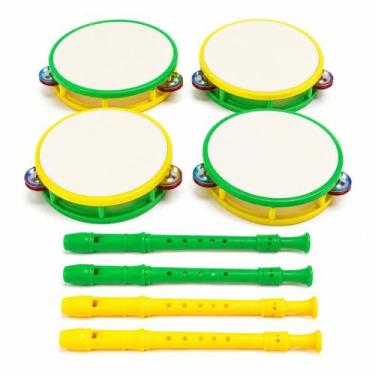 Imagem de Kit 4 Pandeiro 4 Flauta Infantil Brasil Festa Copa Criança Musical Lem