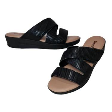 Imagem de Tamanco Usaflex MM0706 Conforto em Couro Preto com tiras autocolantes,