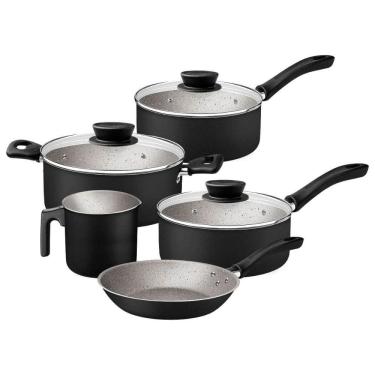 Imagem de Jogo de Panelas Tramontina Preto 5 Peças Linz Aluminio Antiaderente Starflon Max Tampa de Vidro