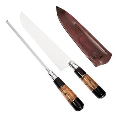 Imagem de Kit Faca E Chaira Aço Inox Com Cabo De Chifre Madeira 10 Polegadas E B