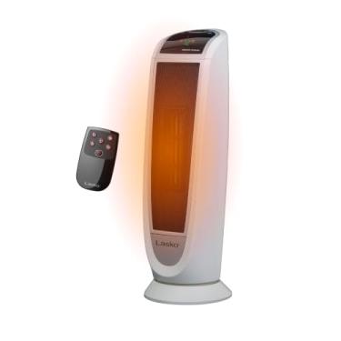 Imagem de Lasko Aquecedor de torre de cerâmica digital oscilante para casa com proteção contra superaquecimento, temporizador e controle remoto, 57 cm, 1500 W, branco, 5165