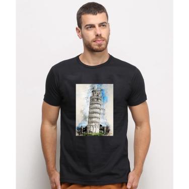 Imagem de Camiseta masculina Preta algodao Torre Inclinada De Pizza Watercolor