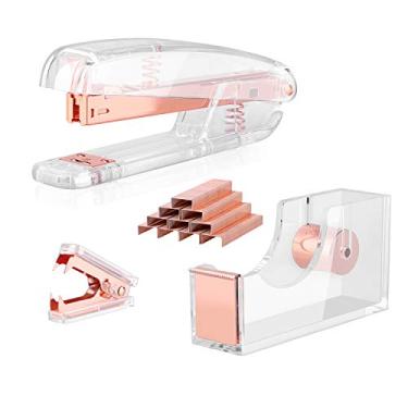 Imagem de Grampeador Alsisk, grampeador de mesa transparente com 1000 grampos - ouro rosa, Stapler Set