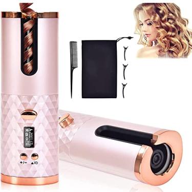 Imagem de Modeladores de Cachos automáticos, varinha ondulada de cerâmica sem fio, modelador de cabelo automático sem corda portátil com 4 Temps e 3 temporizadores, ondulação giratória de aquecimento