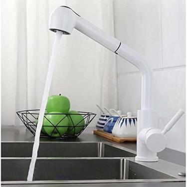 Imagem de Torneira de pia de cozinha preta misturador de água quente e fria guindaste elevador para cima e para baixo 360 graus pull out torneiras de água escovado branco cromado, 4