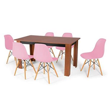 Imagem de Conjunto Mesa de Jantar Retangular Pérola Cherry 150x80cm com 6 Cadeiras Eames Eiffel - Rosa