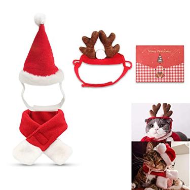 Imagem de fast and good Chapéu de Natal de Papai Noel de gato + silenciador + chapéu de chifre de alce + mini cartão de natal com bolsa de armazenamento deslizante, acessórios para roupas de natal roupas para animais de estimação e gato (pacote com 4 peças)