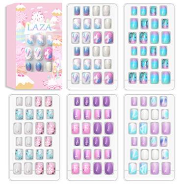 Imagem de Laza 120pcs Children Nails Press On Pre-glue Full Cover Nail Tips Kit Glitter Gradient Colour Rainbow Short Artificial False Nail Kits Lovely for Children Kids Girls - Silver Pearl