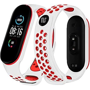 Imagem de Nandos-Store - Pulseira NSmart compatíveis com MI BAND 1/ MI BAND 2 / MI BAND 3 / MI BAND 4 / MI BAND 5 / MI BAND 6 / MI BAND 7 / MI BAND 8 (MI BAND 5, Branco com vermelho NK)
