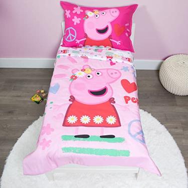 Imagem de Peppa Pig Be Nice & Kind Conjunto de cama infantil de 4 peças - inclui edredom, jogo de lençol - lençol com elástico e lençol de cima + fronha reversível para cama de meninas, rosa