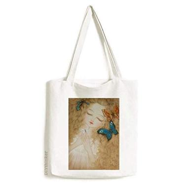 Imagem de Vestido Borboleta Pretty Girl Pintura Chinesa Sacola de Lona Bolsa de Compras Casual Bolsa