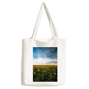 Imagem de Bolsa de lona com girassóis nuvens céu azul bolsa de compras casual bolsa de mão