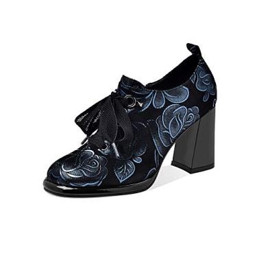 Imagem de TinaCus Sapato feminino feito à mão com plataforma de couro de camurça com bico redondo com cadarço e zíper lateral salto alto grosso, Azul, 5.5