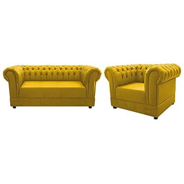 Imagem de Conjunto de Poltrona Cadeira Decorativa Chesterfield e Sofá 2 lugares Suede Amarelo Sala de Estar Recepção Luxo Capitonê - AM Decor