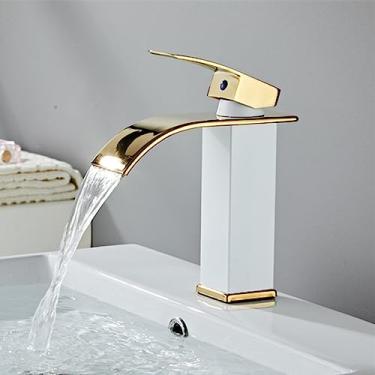 Imagem de Torneira para lavatório de banheiro em cascata Torneira misturadora de banheiro em latão maciço LED Torneira para pia com alça única branca Torneira misturadora para banheiro montada no conv