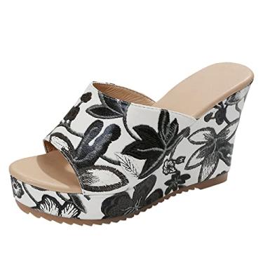 Imagem de Sandálias femininas de plataforma moda feminina verão flores estampadas cunhas respiráveis sandálias de dedo aberto sandálias confortáveis sapatos de praia chinelos (branco, 8)