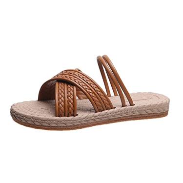 Imagem de Sandálias de cadarço para mulheres meninas senhoras moda cor sólida tira de couro aberto dedo palha sola tecida sandálias planas (marrom, 7)