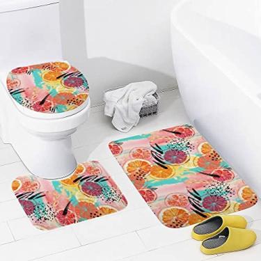 Imagem de Conjunto de tapetes de banheiro 3 peças aquarela limão frutas exóticas tapete de banheiro lavável tapete antiderrapante tapete de contorno e tampa para banheiro