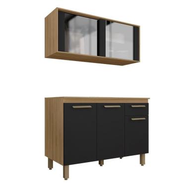 Imagem de Cozinha Modulada Com Vidro 2 Peças Tieli Boreal/preto - Móveis Arapongas