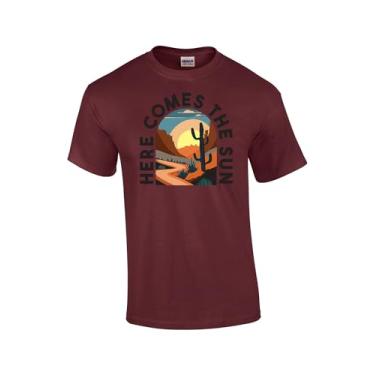 Imagem de Camiseta unissex com estampa Here Comes The Sun Country Sunrise Desert Wild West Scenery, Marrom, P