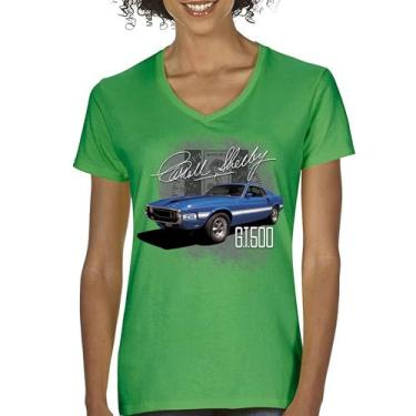 Imagem de Camiseta feminina Cobra Shelby azul vintage GT500 gola V American Racing Mustang Muscle Car Performance Powered by Ford Tee, Verde, GG