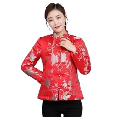 Imagem de JYHBHMZG Jaqueta curta de algodão estilo chinês outono e inverno roupas vintage tangsuit casaco Cheongsam espesso, Vermelho, G