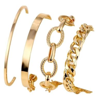 Imagem de Pulseira Feminina Dourada 4 Unidades Corrente Bracelete Elos