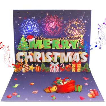 Imagem de MZD8391 LIGHTS & MUSIC Cartão de Natal Pop Up Fogo de Artifício 3D, Presentes de Natal Artesanais com Papai Noel, Boneco de Neve, Cartões de Natal, Jogando - Desejamos-lhe um Feliz Natal
