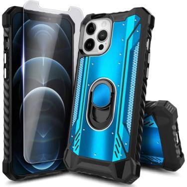 Imagem de NZND Capa projetada para iPhone 12 Pro Max (6,7 polegadas) com protetor de tela de vidro temperado, suporte magnético de metal de alumínio, capa protetora militar à prova de choque (azul)