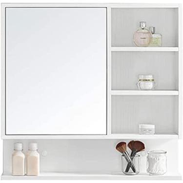 Imagem de Armário de espelho de madeira maciça multicamadas espelho de banheiro caixa de espelho montada na parede com prateleira (cor: marrom, tamanho: 80 * 78 cm) (branco 80 * 78 cm)