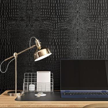 Imagem de WESTICK Papel de parede texturizado de crocodilo fosco papel de parede de contato preto para armários móveis papel de parede jacaré autoadesivo para quarto sala de estar parede de destaque 40 cm x 198