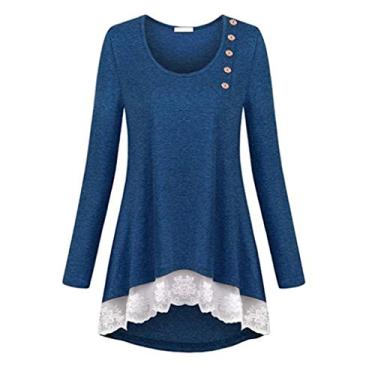 Imagem de Babysbreath17 Camiseta feminina irregular manga longa gola canoa pulôver de renda patchwork, azul, P