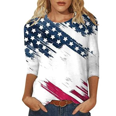 Imagem de Camisetas femininas 4th of July 4th of July Shirts Star Stripes 3/4 Sleeve Patriotic Tops Going Out Tops 2024, Azul-claro - C, G