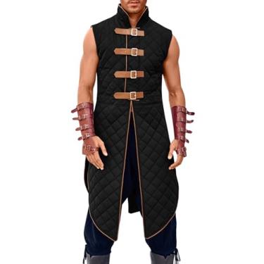Imagem de Runcati Colete masculino acolchoado Gambeson sem mangas Aketon Armor Medieval Knight Surcoat Halloween LARP vestido fantasia, Preto, G