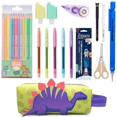 Imagem de Caneta Apagável Lapiseira Lápis de cor Pastel Lapiseira Marca-Texto Kit Material escolar Infantil - Leo e Leo (Dinossauro)