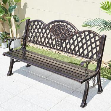 Imagem de Banco de pátio, bancos de jardim para duas pessoas para ambientes externos com estrutura revestida de alumínio antiferrugem, para jardim, pátio, varanda, marrom