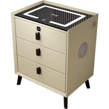 Imagem de Mesa de cabeceira, mesa de cabeceira inteligente com estação de carregamento, com luzes/fechadura por impressão digital/alto-falante Bluetooth/3 gavetas, bege, 45 cm