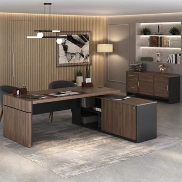 Imagem de Kit 2 Peças com Mesa para Escritório Diretor em L em Tamburato e Armário Multiuso Baixo Charuto/Preto