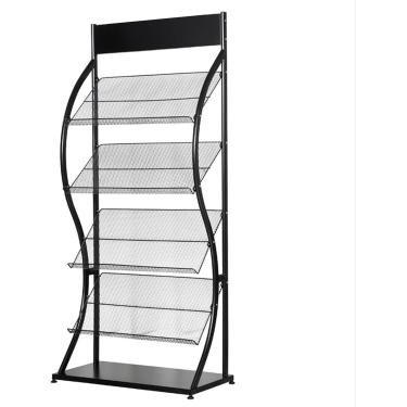 Imagem de Racks exibem suporte de exibição de metal de malha de chão, expositor de revistas de grande capacidade com bandeja plana inferior, sala de espera, escritórios, feiras, exposições, porta-revi