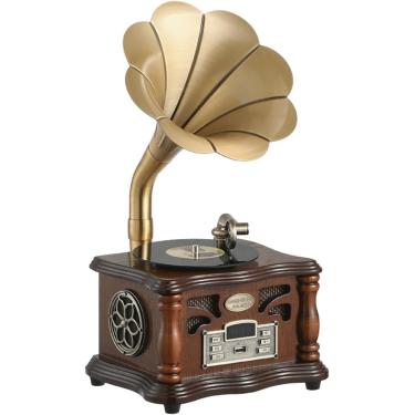 Imagem de Fonógrafo retrô, toca-discos de imitação de vinil de plataforma giratória BT com buzina de cobre, alto-falantes duplos de alta fidelidade integrados, para decoração de escritório/casa, marro