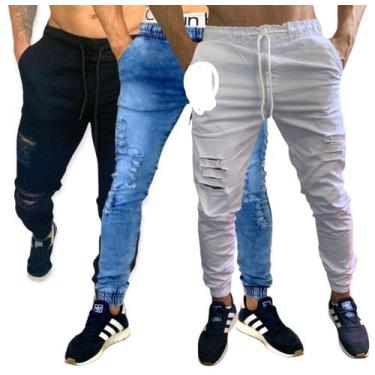 Imagem de kit 3 calça jeans jogger com elastano jeans calças masculinas rasgadas