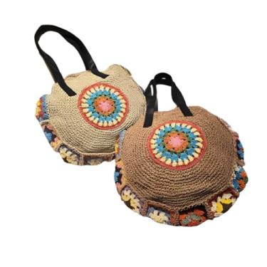 Imagem de Bolsa De Palha Para Praia Piscina Verão Grande Artesanal Artesanato Redonda Sacola Croche Feminina (Palha)