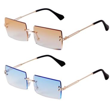 Imagem de SORVINO Óculos de sol retangulares sem aro para mulheres e homens, moda moderna, rosa transparente, lentes coloridas azuis, sem moldura, Marrom + azul, M